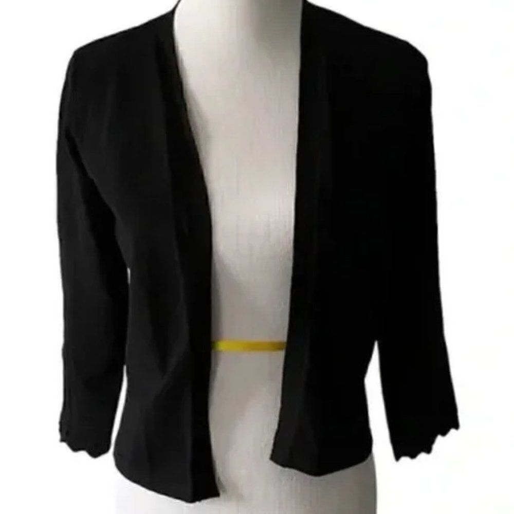 Ann Taylor Open Front Black Cardigan with Scalloped Cuffs size S